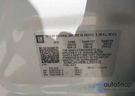 2020 Chevrolet Trax Fwd Ls z USA, uszkodzony, nr VIN 3GNCJKSB9LL332411